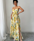 Elegant Flowy Printed Long Dress with Straps in Yellow