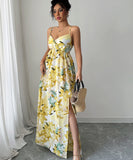 Elegant Flowy Printed Long Dress with Straps in Yellow