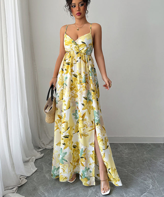 Elegant Flowy Printed Long Dress with Straps in Yellow