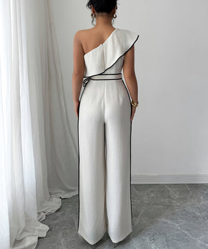 One Piece Jumpsuit Off The Shoulder Crop Top Wide Leg Pants Apricot