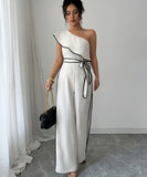 One Piece Jumpsuit Off The Shoulder Crop Top Wide Leg Pants Apricot