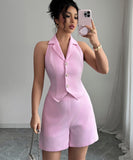 Pink Two Piece Short Pants Set For Women With Buttoned Vest