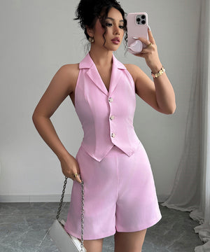 Pink Two Piece Short Pants Set For Women With Buttoned Vest