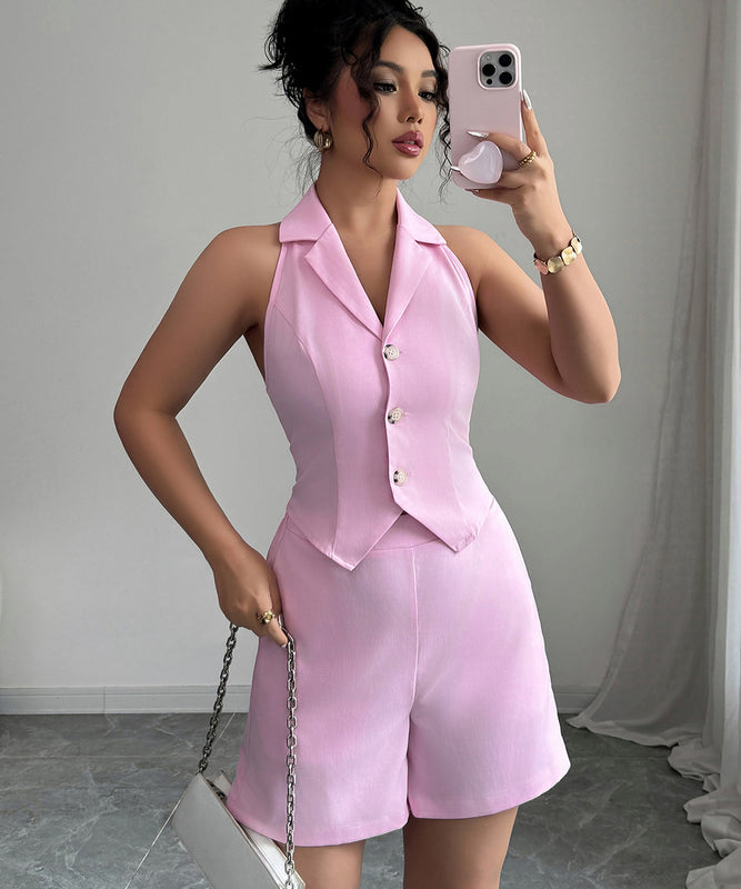 Pink Two Piece Short Pants Set For Women With Buttoned Vest