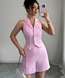Pink Two Piece Short Pants Set For Women With Buttoned Vest