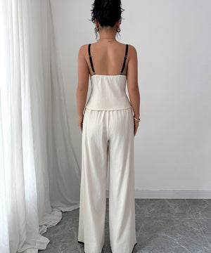 Beige Cotton Two Piece Wide Leg Suspender Pants Set Women