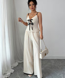 Beige Cotton Two Piece Wide Leg Suspender Pants Set Women