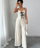 Beige Cotton Two Piece Wide Leg Suspender Pants Set Women