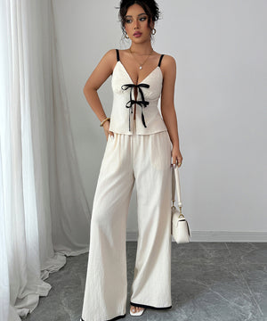 Beige Cotton Two Piece Wide Leg Suspender Pants Set Women