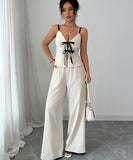 Beige Cotton Two Piece Wide Leg Suspender Pants Set Women