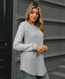 Striped Patchwork Crewneck Long Sleeve Tailcoat T Shirt