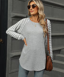 Striped Patchwork Crewneck Long Sleeve Tailcoat T Shirt