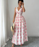 Elegant Floral Print Fitted Long Dress in Pink for Any Occasion