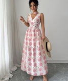Elegant Floral Print Fitted Long Dress in Pink for Any Occasion