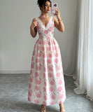 Elegant Floral Print Fitted Long Dress in Pink for Any Occasion
