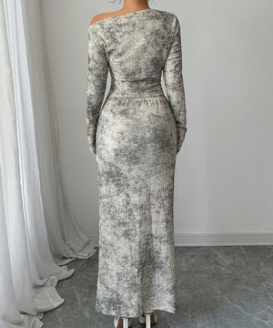 Elegant Off The Shoulder Long Sleeved Dress Set in Deep Apricot