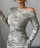 Elegant Off The Shoulder Long Sleeved Dress Set in Deep Apricot