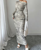 Elegant Off The Shoulder Long Sleeved Dress Set in Deep Apricot