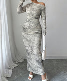 Elegant Off The Shoulder Long Sleeved Dress Set in Deep Apricot