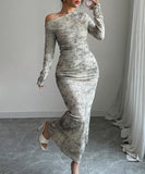 Elegant Off The Shoulder Long Sleeved Dress Set in Deep Apricot