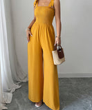Women's Wide Leg Jumpsuit With High Waist And Shoulder Straps