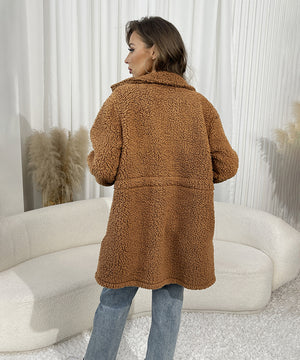 Chic Solid Color Plush Coat with Stand Collar and Strap Waist for Women