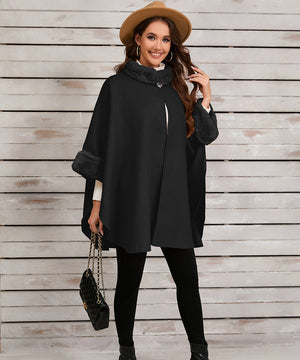 Chic Loose-Fit Cape Coat with Luxurious Fur Collar