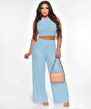 Solid Color Sleeveless Round Neck Pullover Top and Pants Set