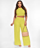 Solid Color Sleeveless Round Neck Pullover Top and Pants Set