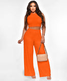 Solid Color Sleeveless Round Neck Pullover Top and Pants Set