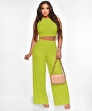 Solid Color Sleeveless Round Neck Pullover Top and Pants Set
