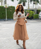 Elegant High-Waisted Pleated A-Line Midi Skirt
