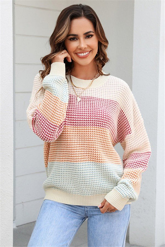 Two-Tone Contrast Knit Crew Neck Top for Effortless Style