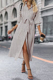 Elegant Long-Sleeved Lace-Up Dress with Printed Slit Design