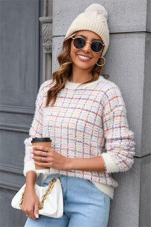 Cozy Patchwork Knitted Fluffy Crew-Neck Sweater