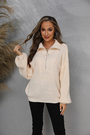 Cowl Neck Zippered Long Sleeve Sweaters in Pure Colors