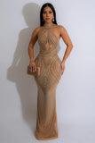 Chic Halter-Neck Long Dress with Mesh Press Drill and Solid Color