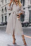 Elegant Long-Sleeved Lace-Up Dress with Printed Slit Design