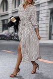 Elegant Long-Sleeved Lace-Up Dress with Printed Slit Design