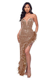 Glamorous Strapless Sequin Feather Evening Gown