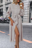Elegant Long-Sleeved Lace-Up Dress with Printed Slit Design