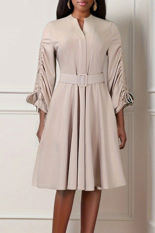 V-neck Adjustable Waist Pleated Plus-Size Dress