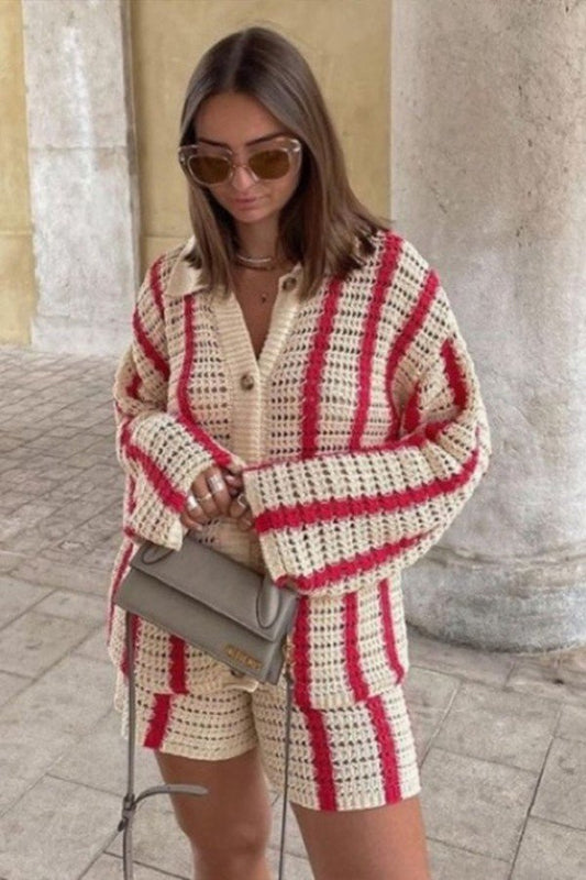 Chic Striped Two-Piece Cardigan and Sweater Set with Lapel Buttons