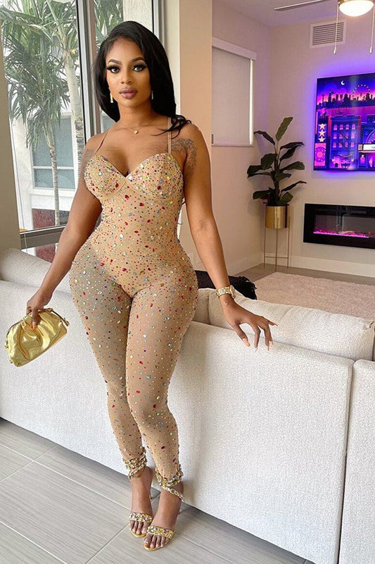 Chic Solid Color Mesh Jumpsuit with Sleeveless Design and Pants