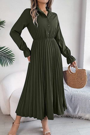 Lapel Button Pleated Skirt with Long Sleeve Design
