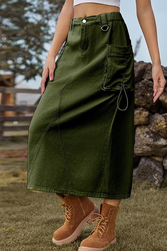 Casual Mid-Length Denim Cargo Skirt