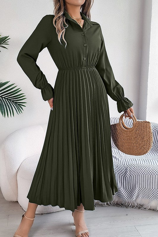 Lapel Button Pleated Skirt with Long Sleeve Design