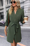 Chic Long Sleeve V-Neck Dress in Solid Army Green