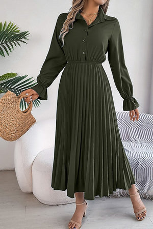 Lapel Button Pleated Skirt with Long Sleeve Design