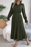 Lapel Button Pleated Skirt with Long Sleeve Design